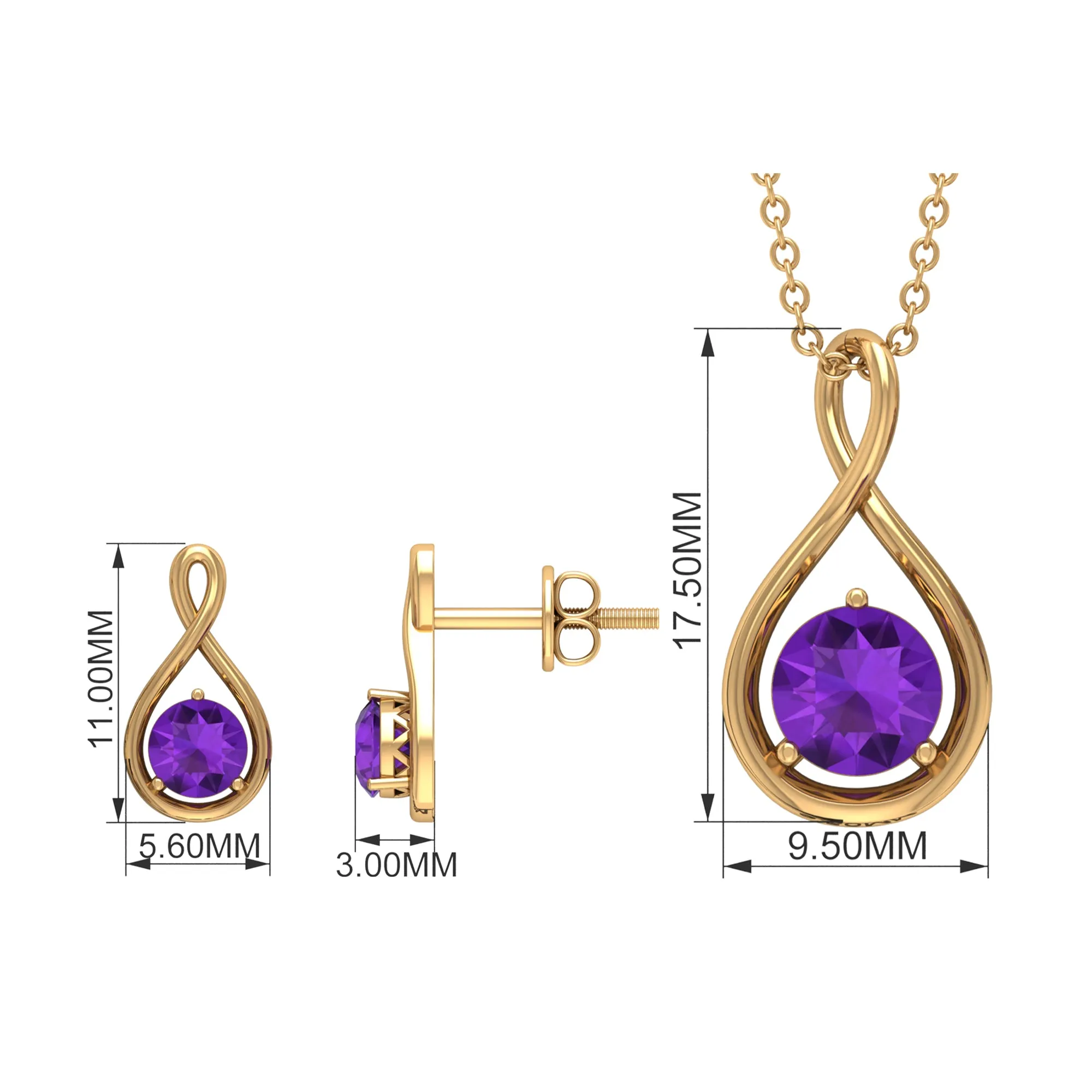 1 CT Round Cut Solitaire Amethyst Gold Infinity Pendant Jewelry Set