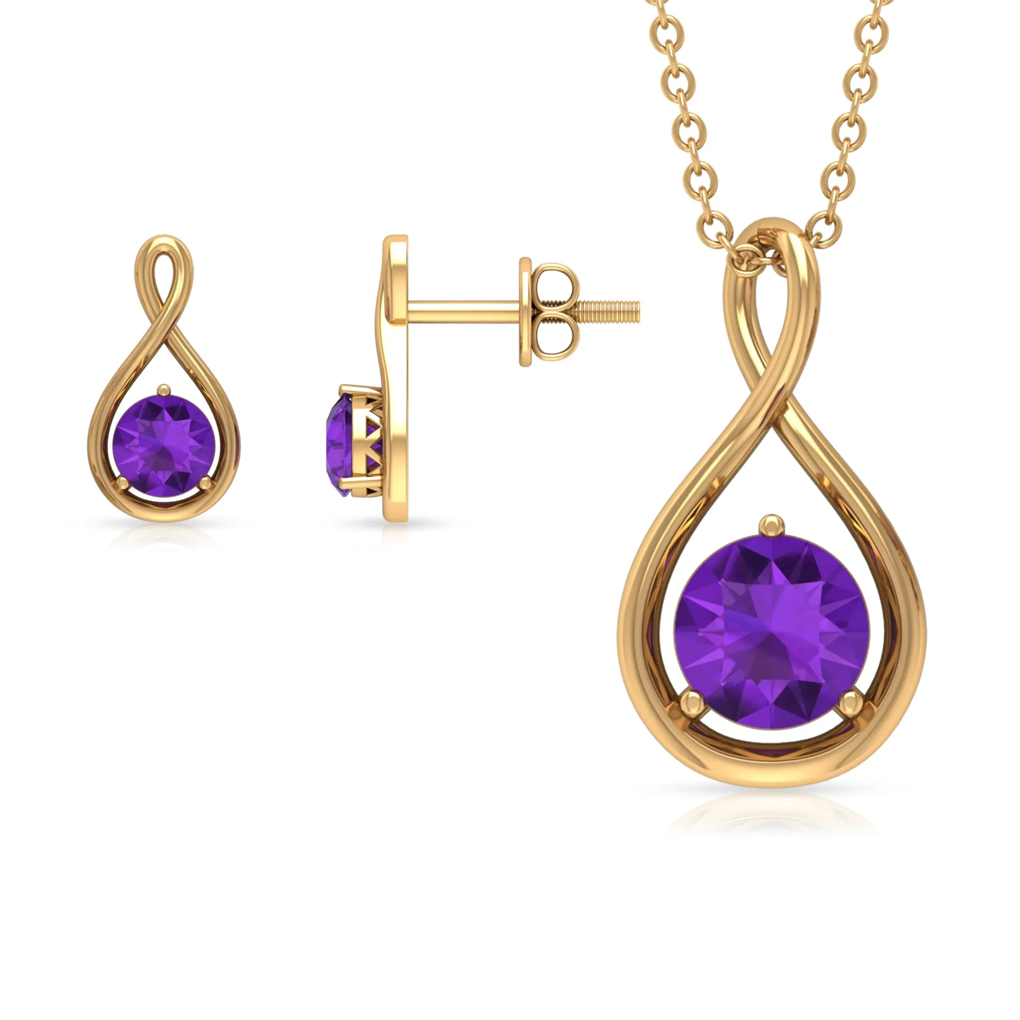 1 CT Round Cut Solitaire Amethyst Gold Infinity Pendant Jewelry Set