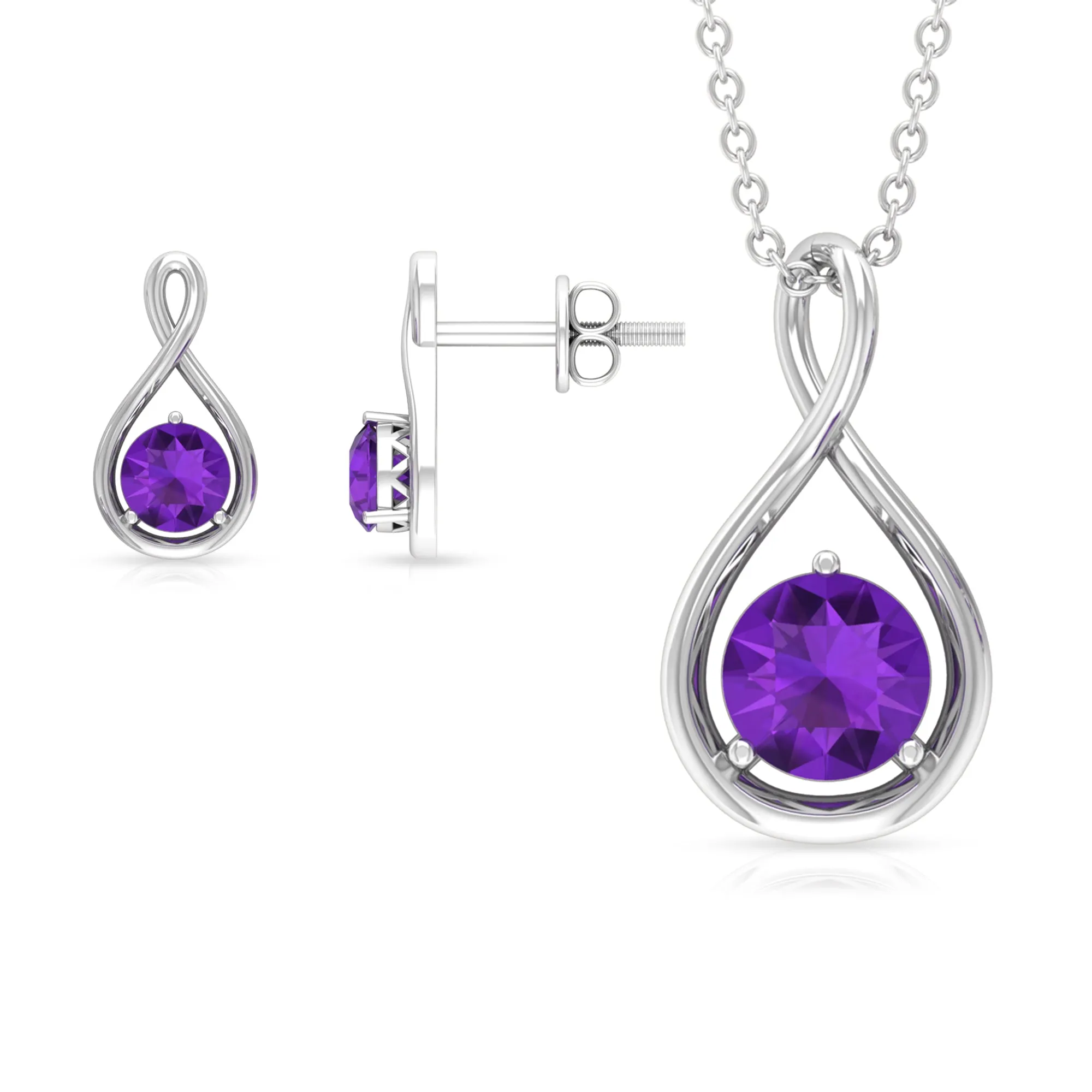 1 CT Round Cut Solitaire Amethyst Gold Infinity Pendant Jewelry Set