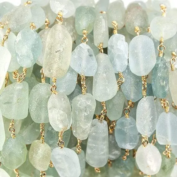 10x8mm Frosted Aquamarine plain nugget Gold plated Chain