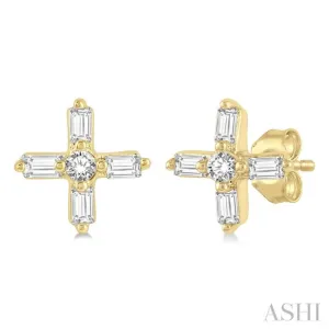 1/10 ctw Greek Cross Baguette and Round Cut Diamond Petite Stud Earring in 10K Yellow Gold