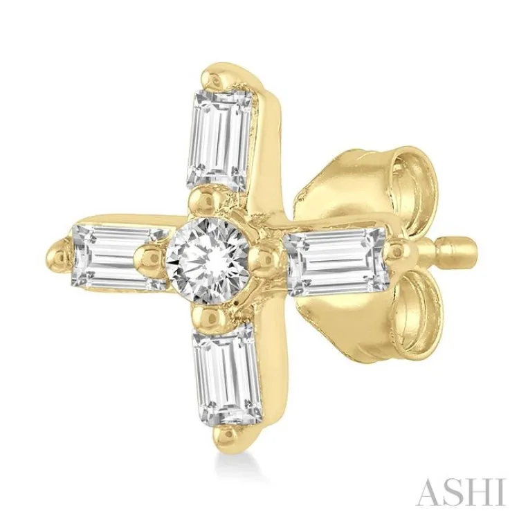 1/10 ctw Greek Cross Baguette and Round Cut Diamond Petite Stud Earring in 10K Yellow Gold