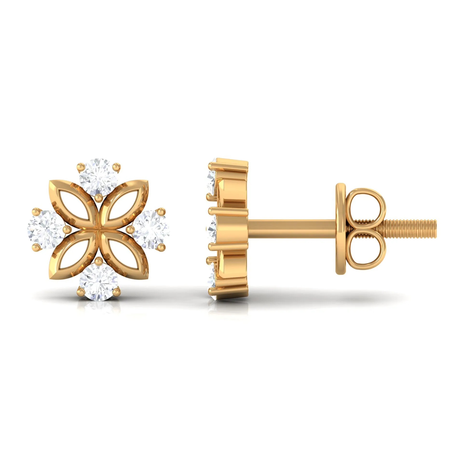 1/4 CT Round Diamond Gold Floral Stud Earrings