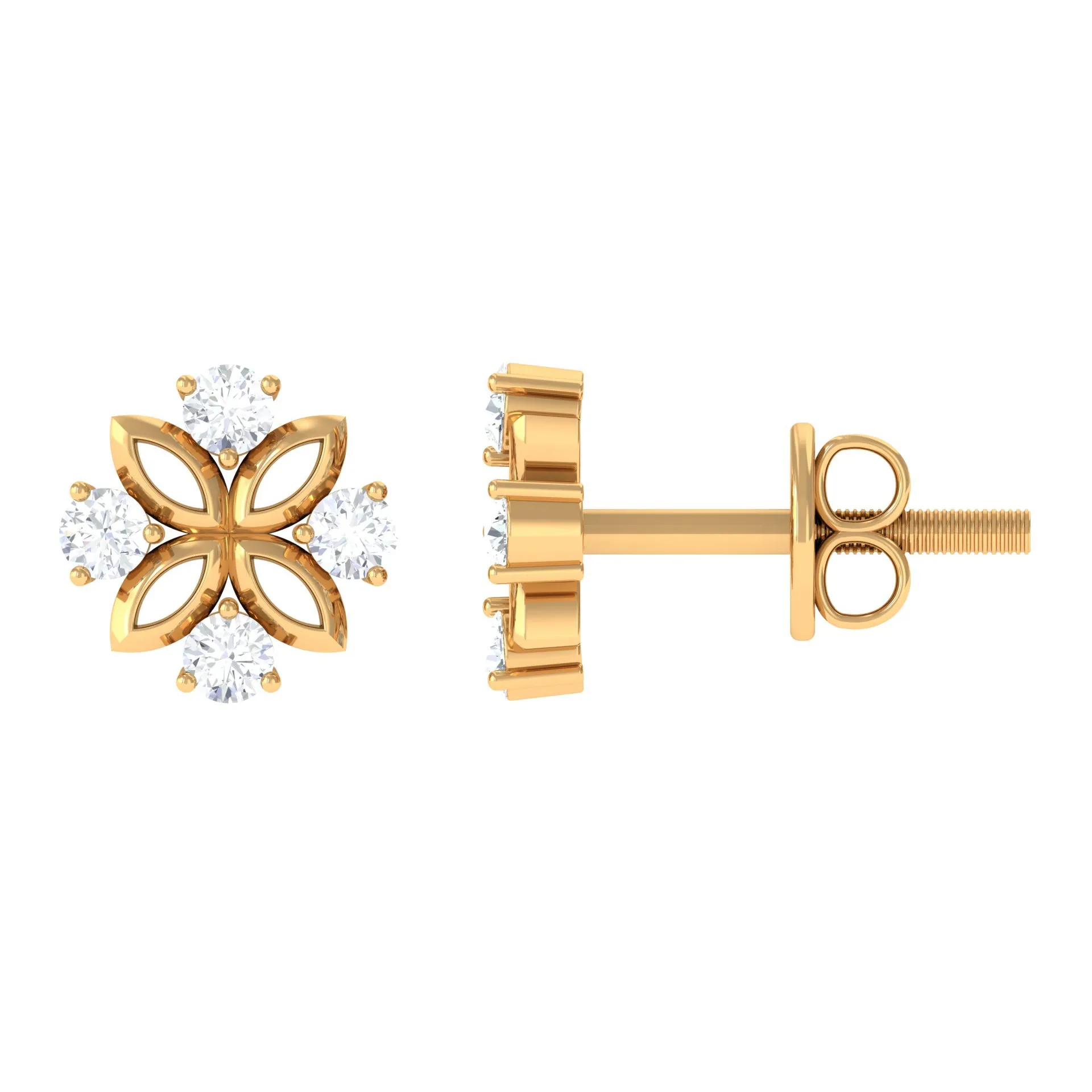 1/4 CT Round Diamond Gold Floral Stud Earrings