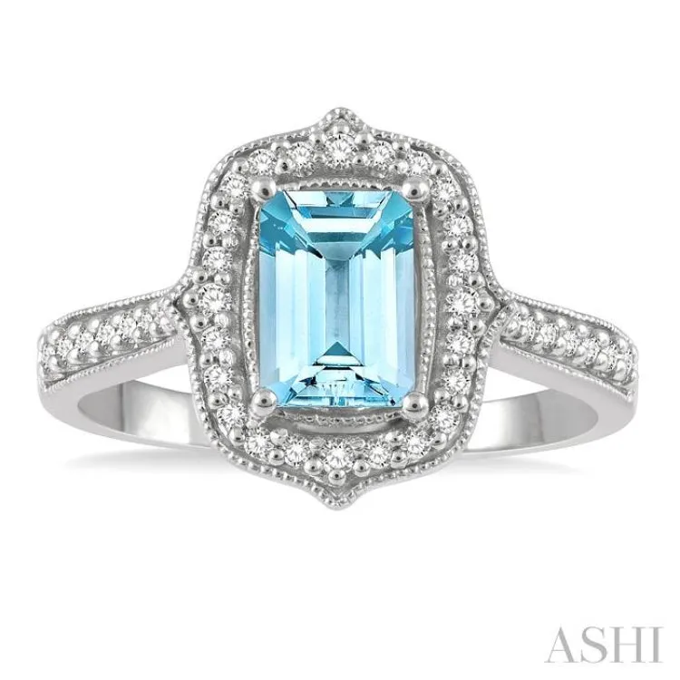 1/4 Ctw Cushion Cut 8x6MM Aquamarine and Round Cut Diamond Precious Ring in 14K White Gold