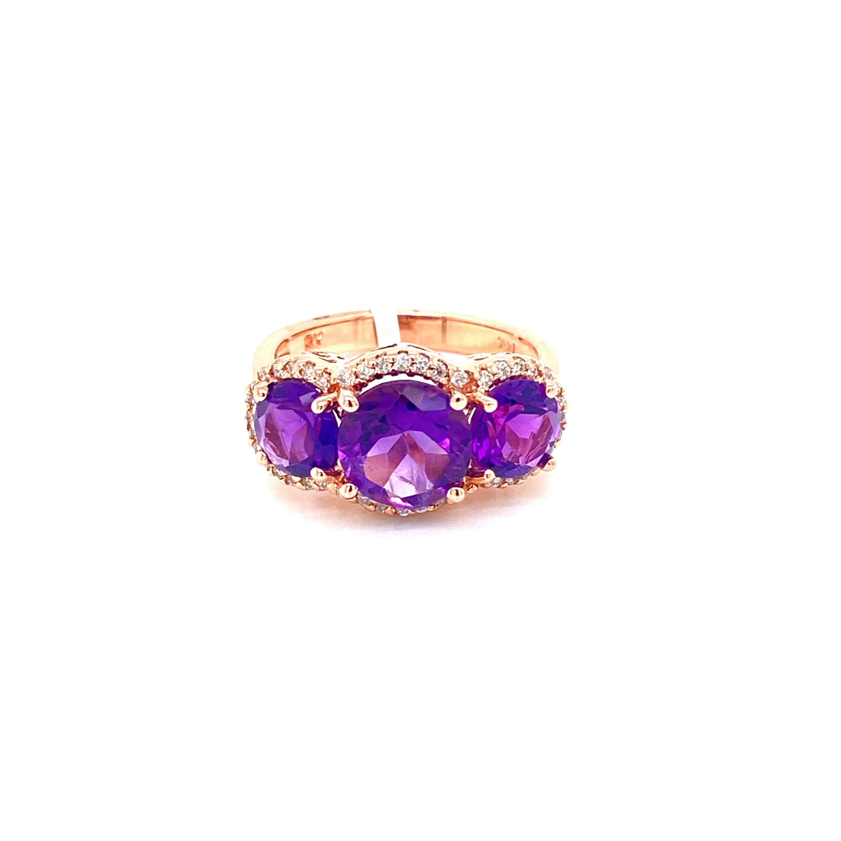 14K Rose Gold Diamond   Triple Amethyst Ring