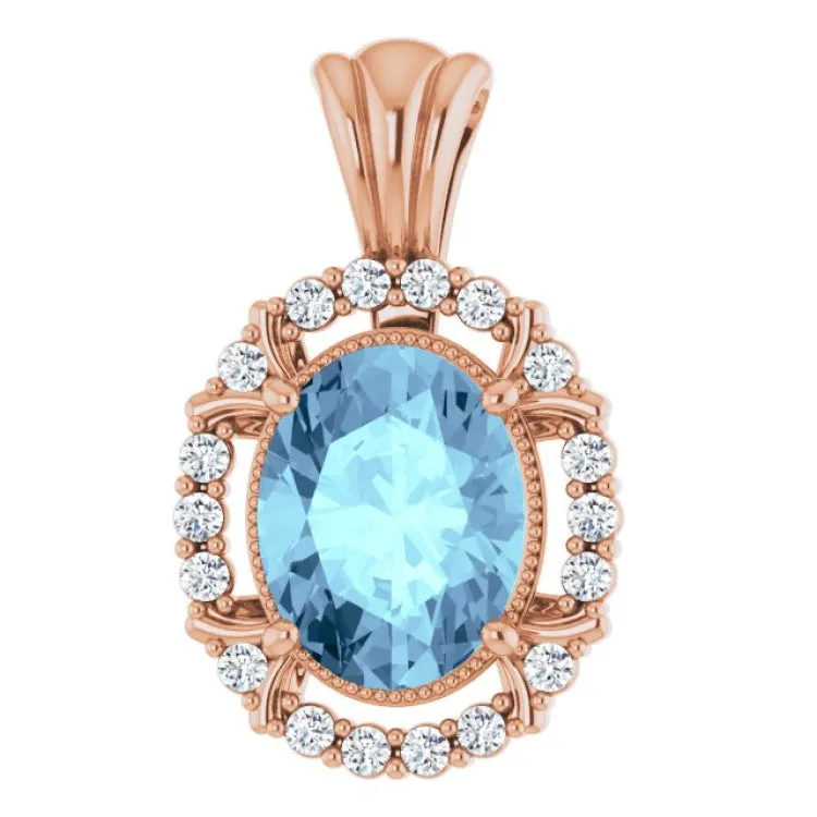 14K Rose Natural Aquamarine & 1/6 CTW Natural Diamond Pendant