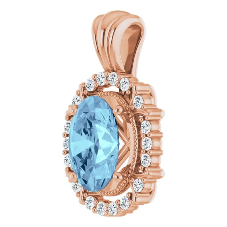 14K Rose Natural Aquamarine & 1/6 CTW Natural Diamond Pendant