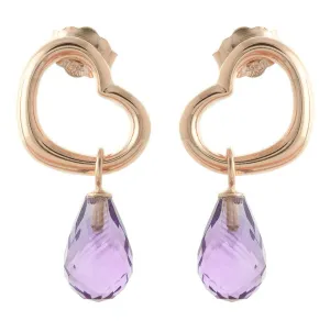 14K Solid Rose Gold Heart Earrings w/ Dangling Natural Amethysts