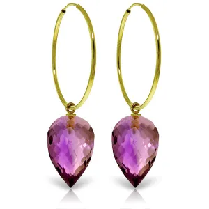 14K Solid Yellow Gold Hoop Earrings w/ Pointy Briolette Drop Amethysts