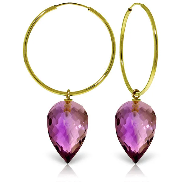 14K Solid Yellow Gold Hoop Earrings w/ Pointy Briolette Drop Amethysts