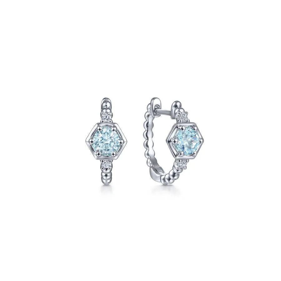 14K White Gold Hexagonal Aquamarine and Diamond Hoop Earrings