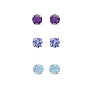 14k White Gold Plated 1Ct Created Amethyst, Tanzanite and Aquamarine 3 Pair Round Stud Earrings