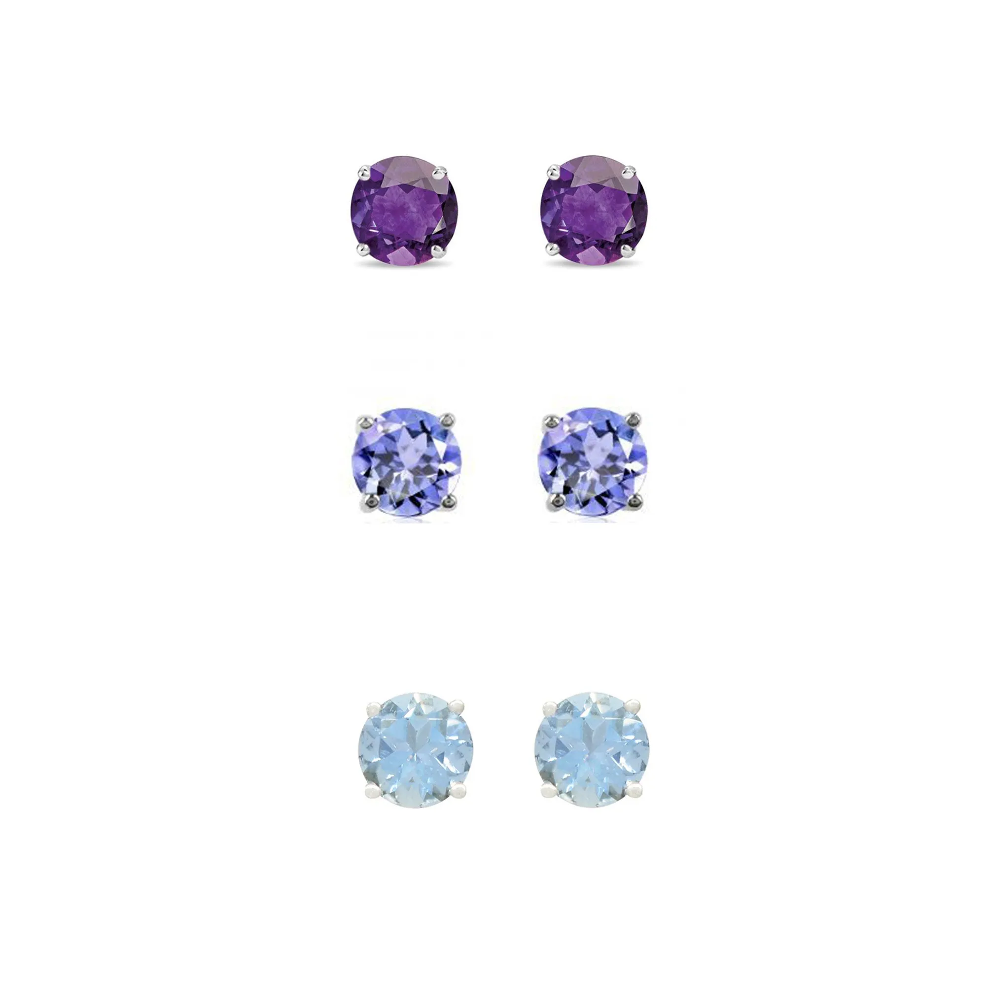 14k White Gold Plated 1Ct Created Amethyst, Tanzanite and Aquamarine 3 Pair Round Stud Earrings