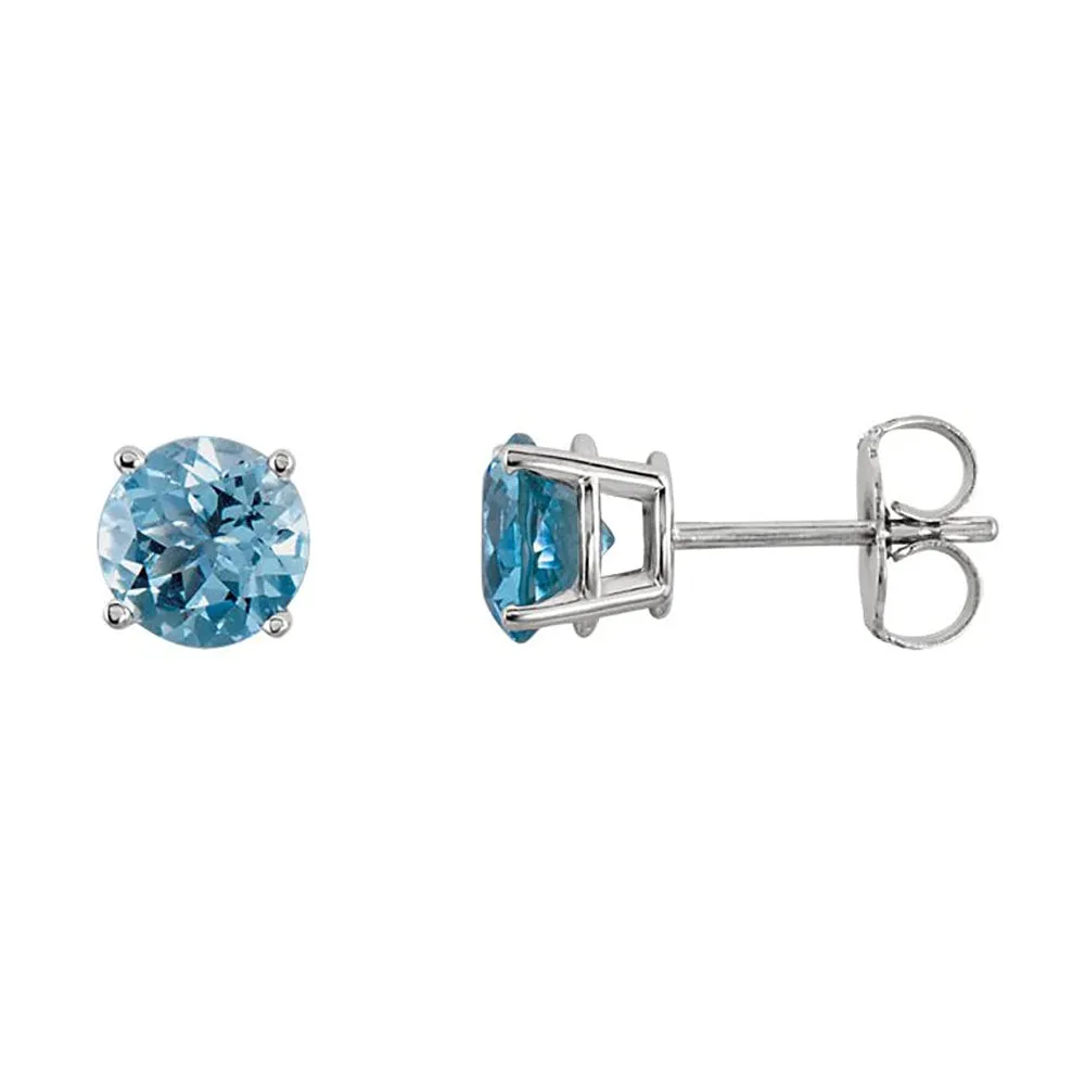 14k White Gold Plated 2 Carat Round Created Aquamarine Sapphire Stud Earrings