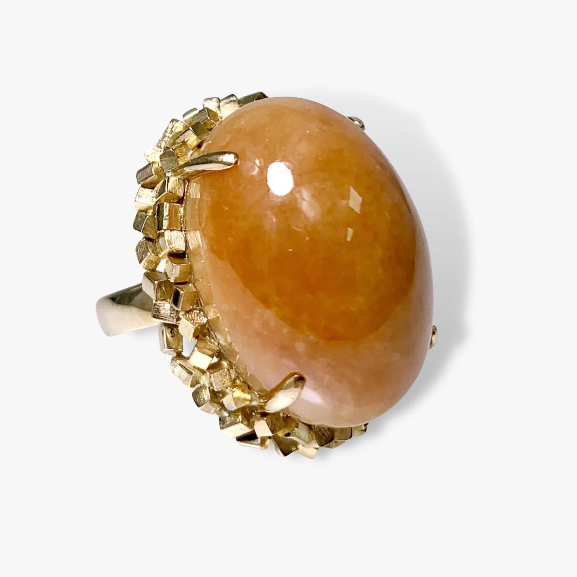 14k Yellow Gold Cabochon Cut Brown Jade Vintage Cocktail Ring