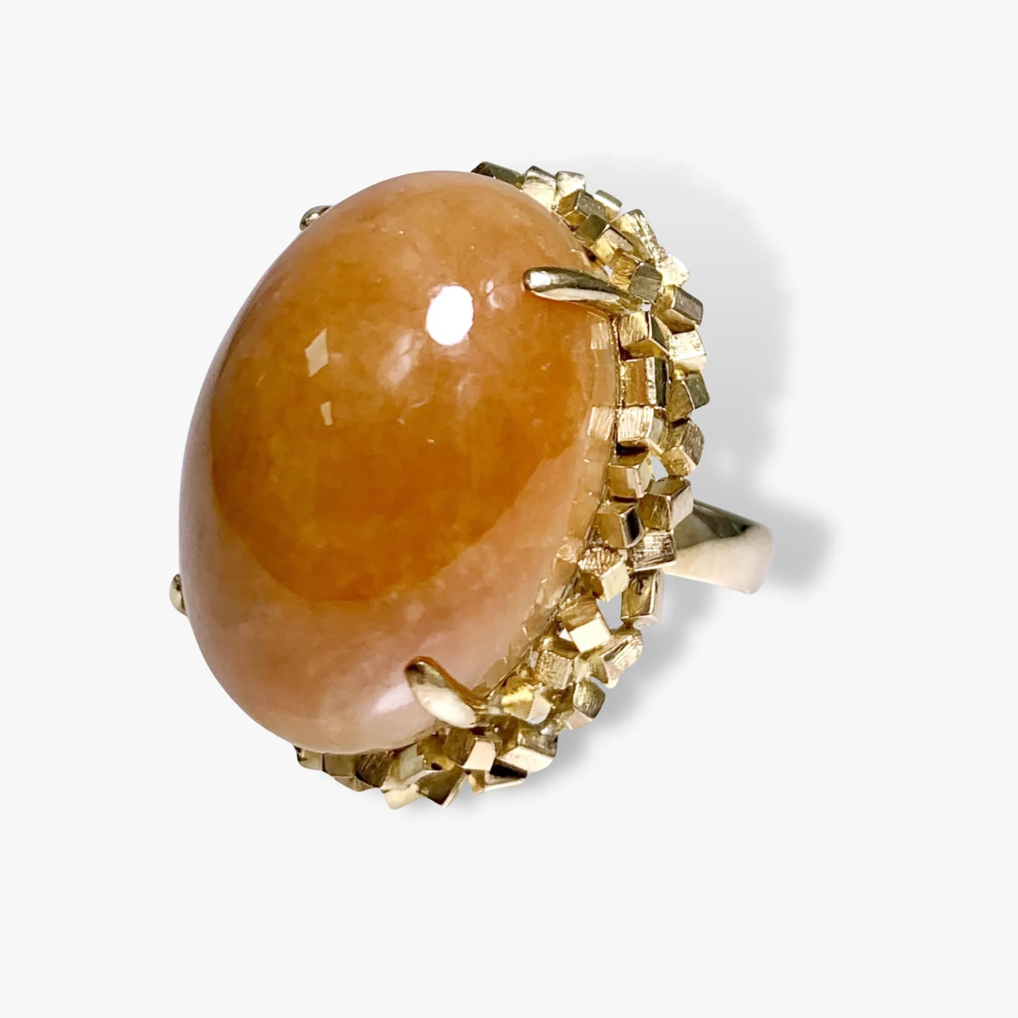 14k Yellow Gold Cabochon Cut Brown Jade Vintage Cocktail Ring