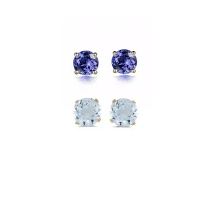 14k Yellow Gold Plated 1/2Ct Created Tanzanite and Aquamarine 2 Pair Round Stud Earrings