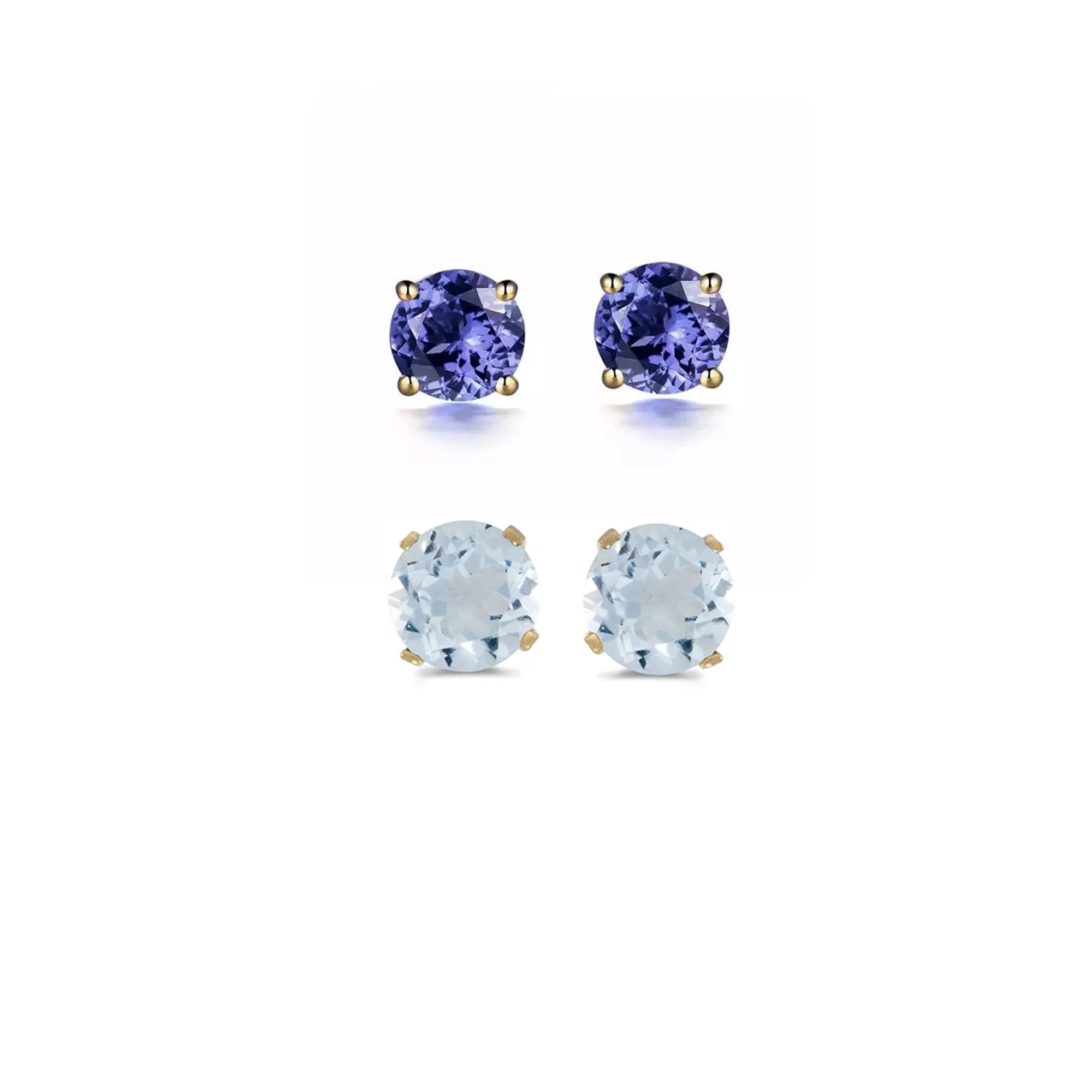 14k Yellow Gold Plated 3Ct Created Tanzanite and Aquamarine 2 Pair Round Stud Earrings