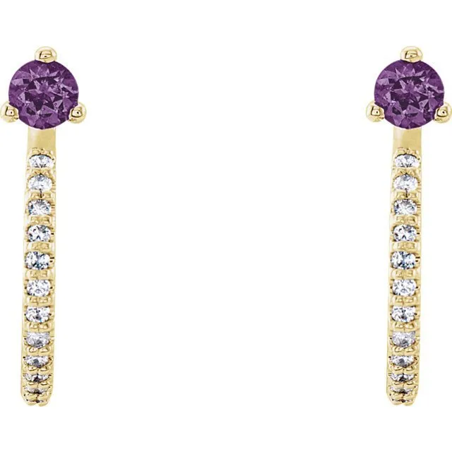 14KT GOLD 0.20 CTW AMETHYST & 0.16 CTW DIAMOND J-HOOP EARRINGS