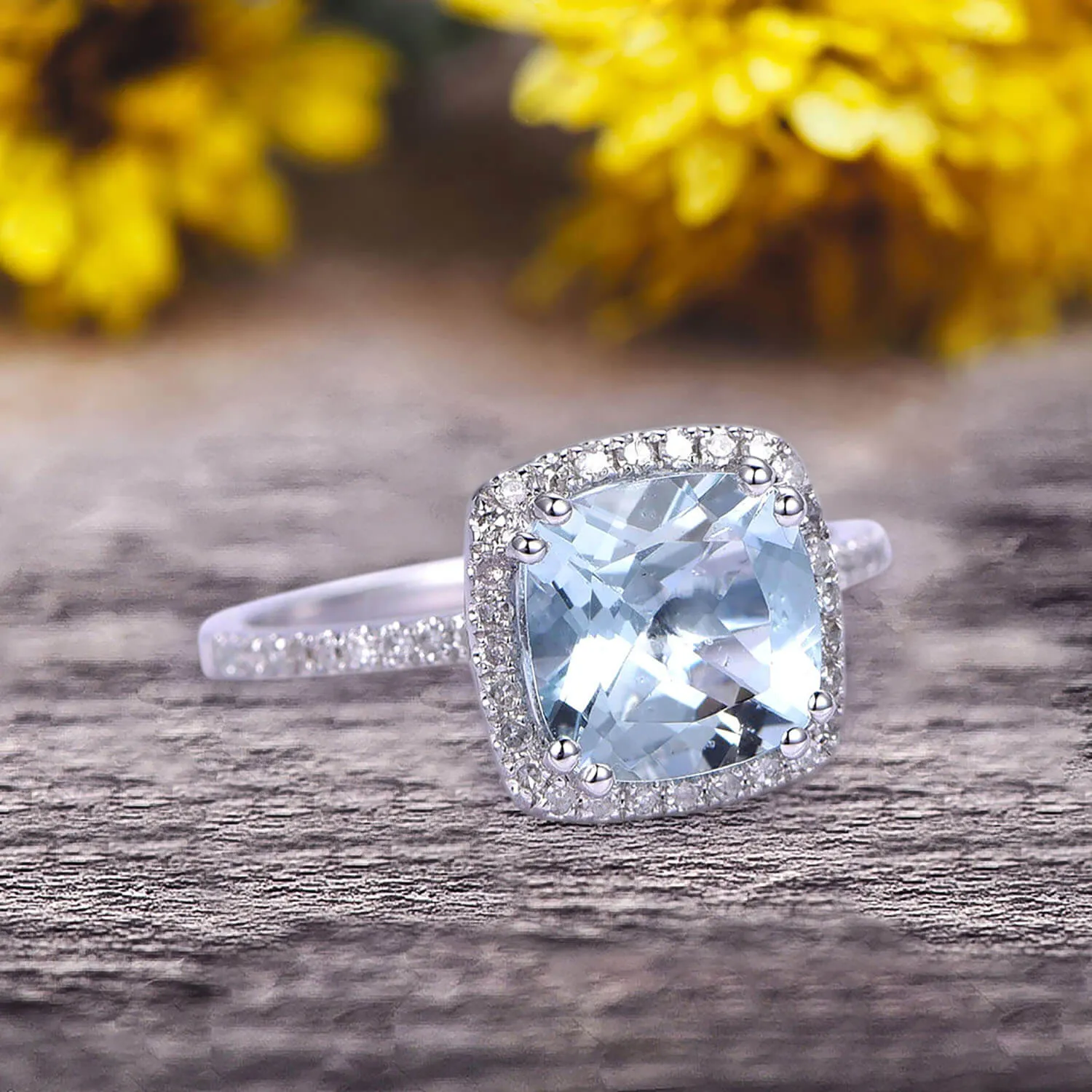 1.5 Carat Cushion Cut Aquamarine Engagement Ring on 10k White Gold