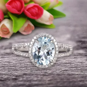 1.50 Carat Oval Shape Blue Gemstone With Split Shank Halo Design Aquamarine Engagement Ring Wedding Ring Anniversary Gift On 10k White Gold