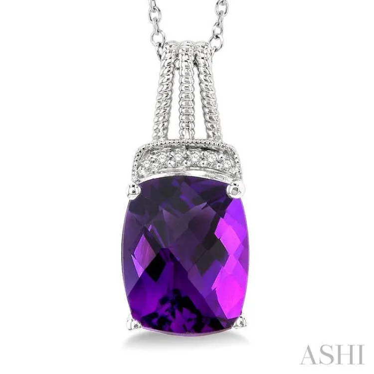 1/50 ctw Looped Round Cut Diamond & 10x8MM Cushion Cut Amethyst Semi Precious Pendant With Chain in Silver