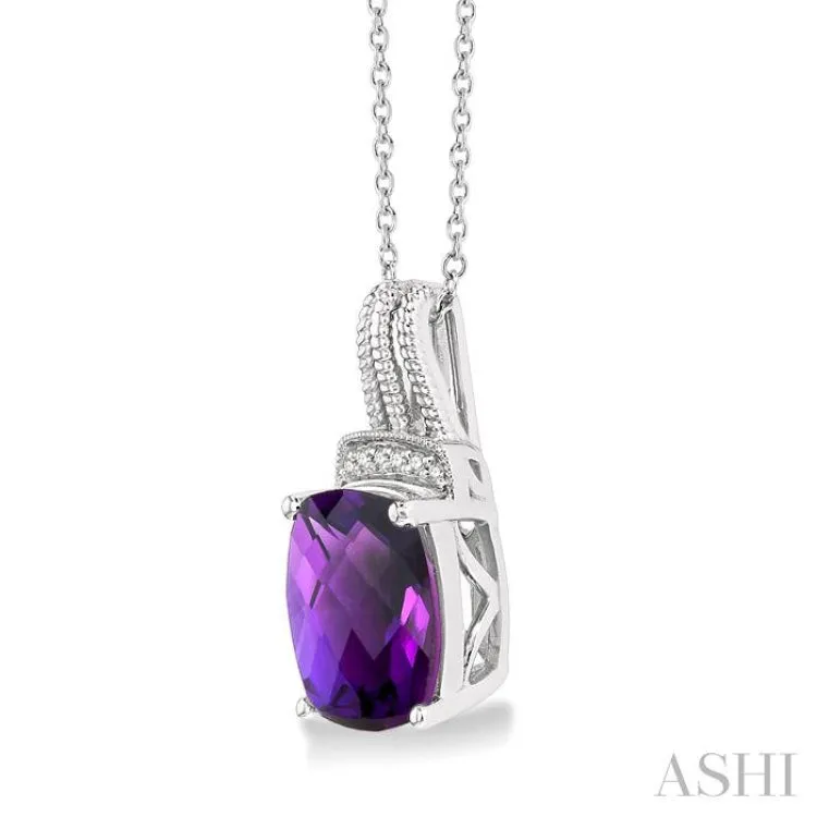 1/50 ctw Looped Round Cut Diamond & 10x8MM Cushion Cut Amethyst Semi Precious Pendant With Chain in Silver