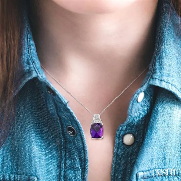 1/50 ctw Looped Round Cut Diamond & 10x8MM Cushion Cut Amethyst Semi Precious Pendant With Chain in Silver