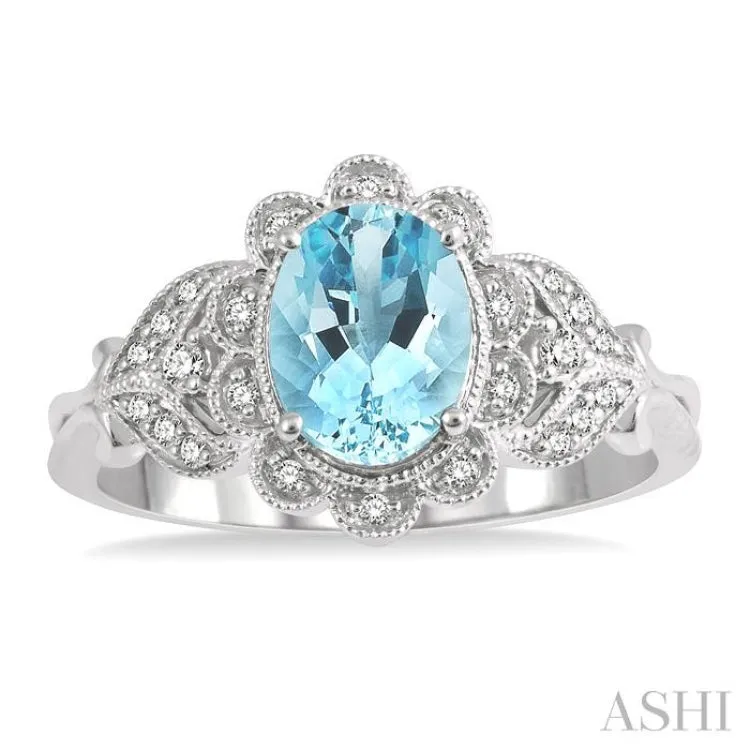 1/6 ctw Floral Lattice Round Cut Diamond and 8x6MM Oval Cut Aquamarine Precious Ring in 10K White Gold