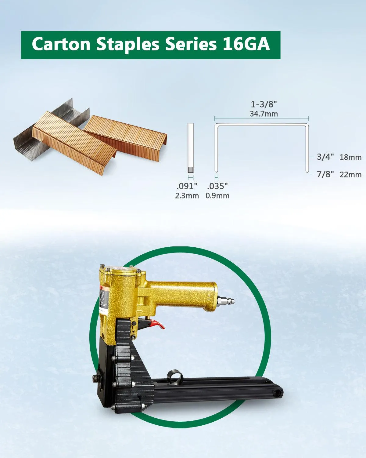 16 Gauge 1-3/8'' Crown 3/4" to 7/8" Leg Length Pneumatic Carton Closing Stapler