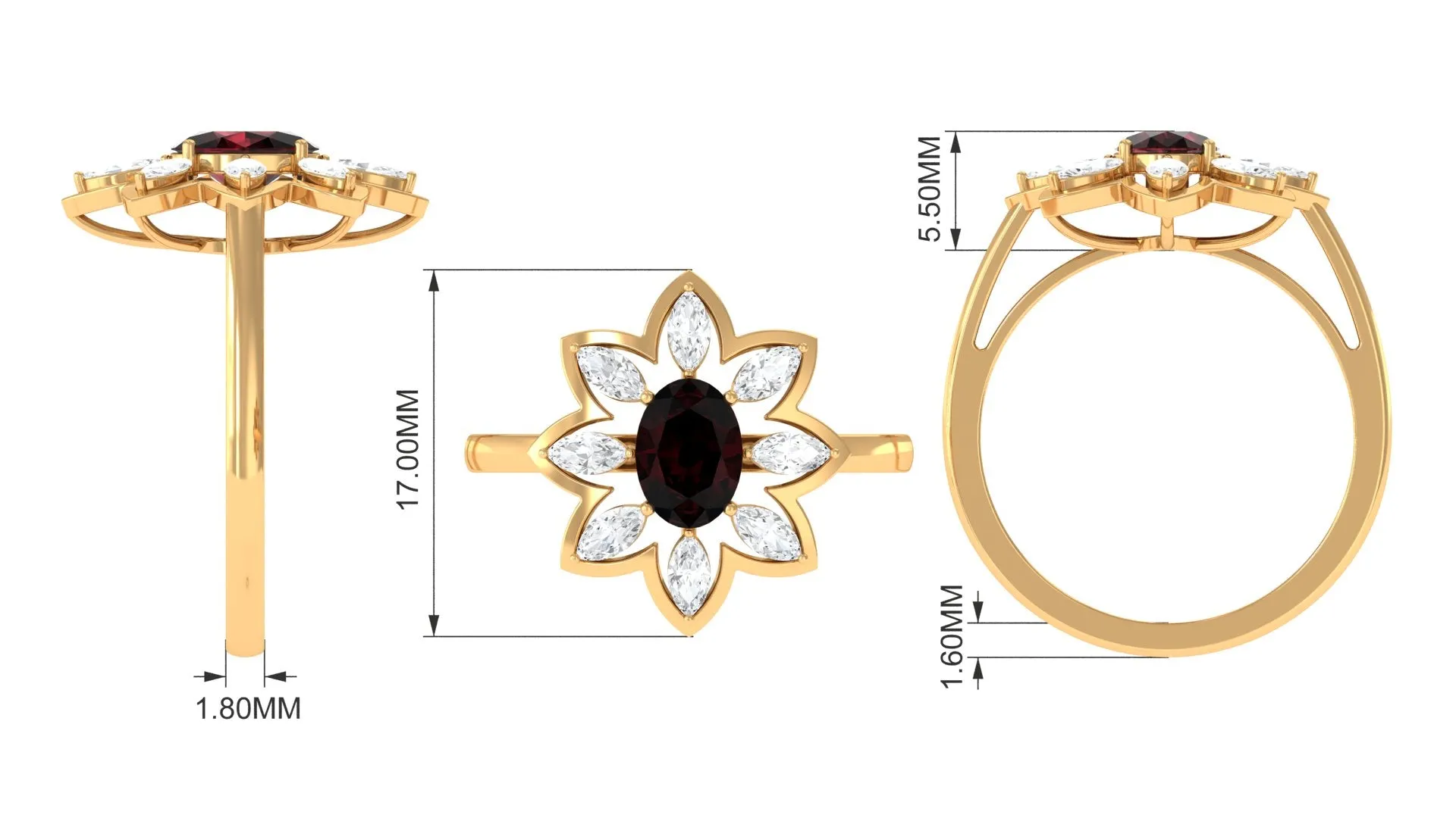 1.75 Ct Oval Garnet Flower Cocktail Ring with Moissanite