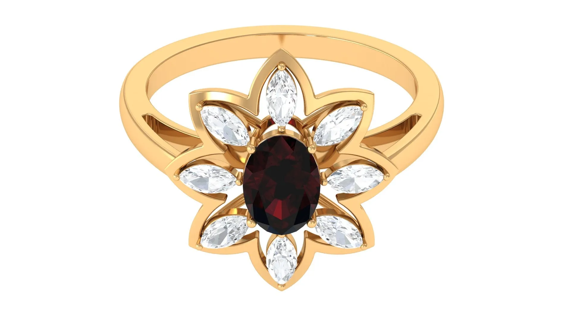 1.75 Ct Oval Garnet Flower Cocktail Ring with Moissanite