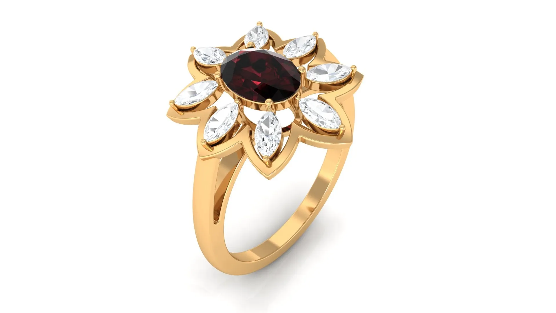 1.75 Ct Oval Garnet Flower Cocktail Ring with Moissanite