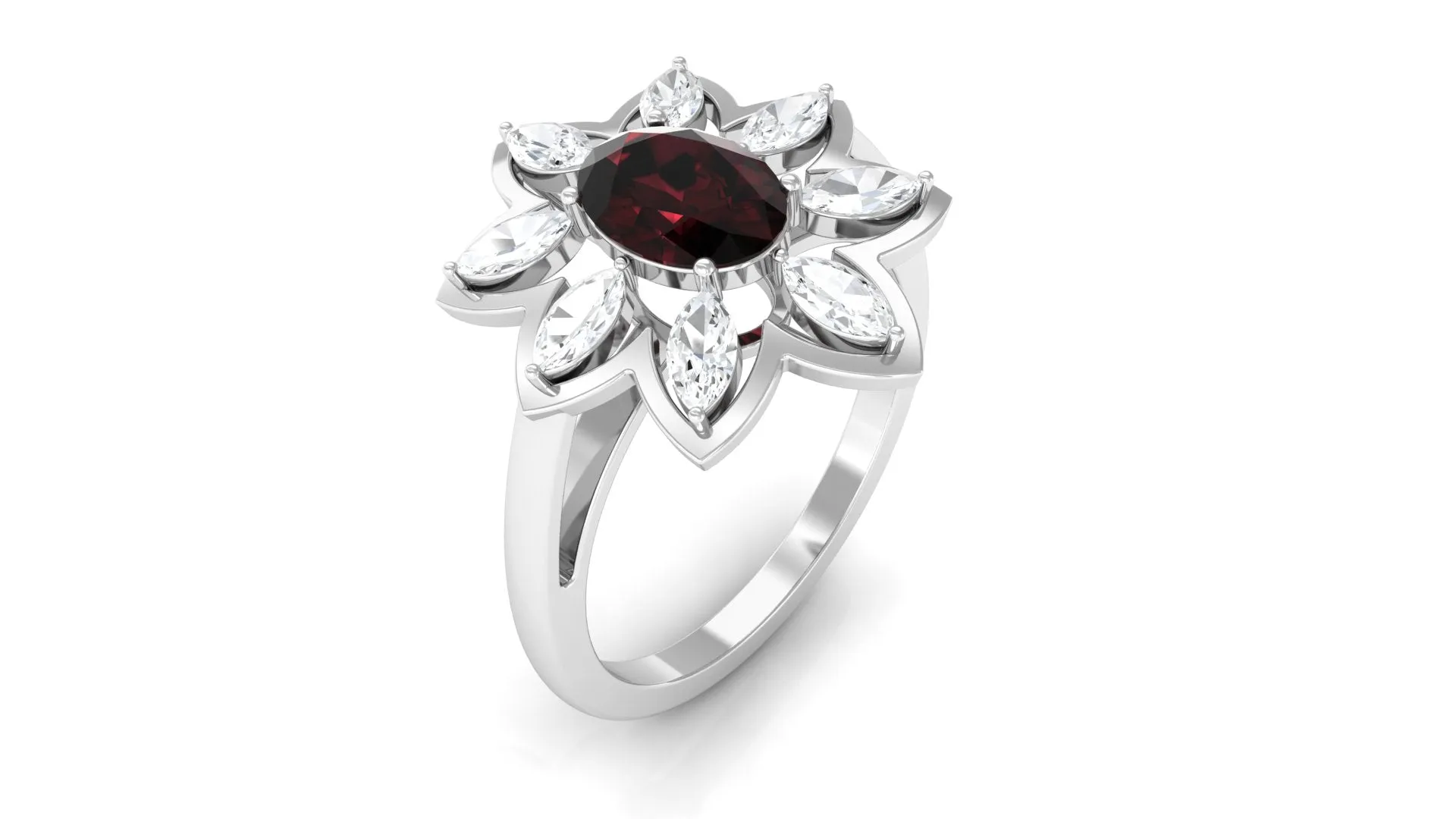 1.75 Ct Oval Garnet Flower Cocktail Ring with Moissanite