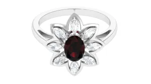 1.75 Ct Oval Garnet Flower Cocktail Ring with Moissanite