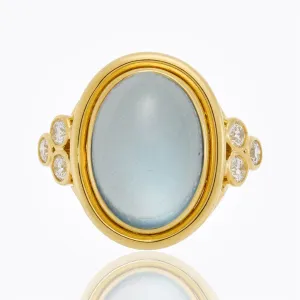 18K Classic Oval Ring with cabochon aquamarine and diamond granulation - 10X8mm