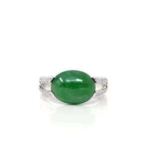 18k White Gold Natural Imperial Green Oval Jadeite Jade Engagement Ring With Diamonds