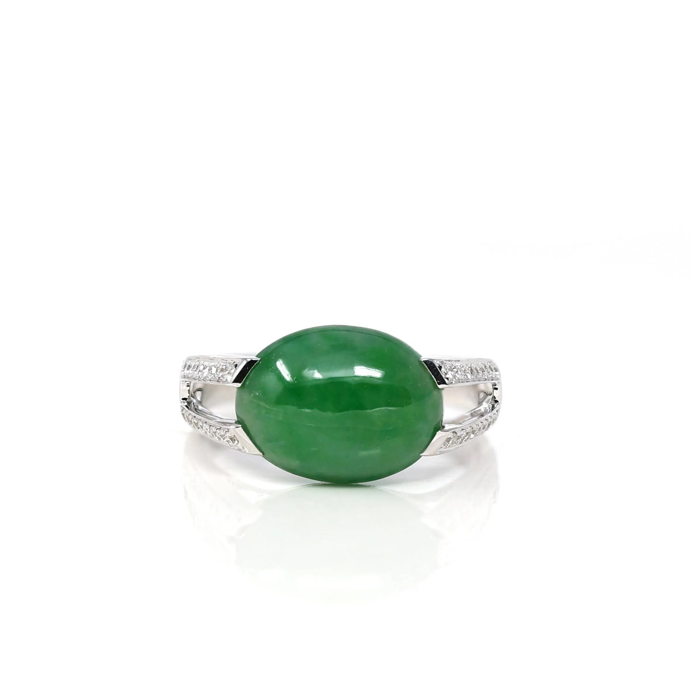 18k White Gold Natural Imperial Green Oval Jadeite Jade Engagement Ring With Diamonds