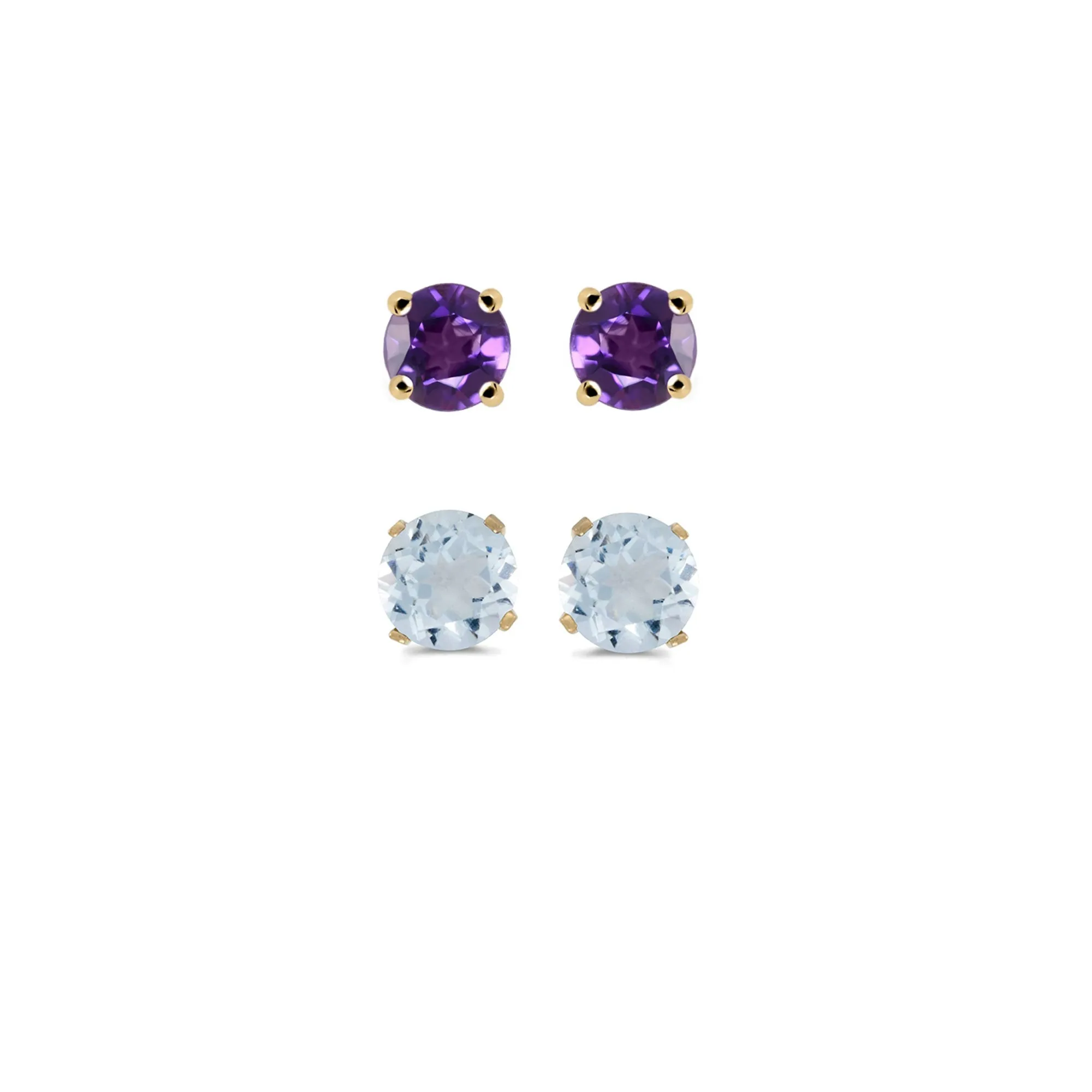 18k Yellow Gold Plated 2Ct Created Amethyst and Aquamarine 2 Pair Round Stud Earrings