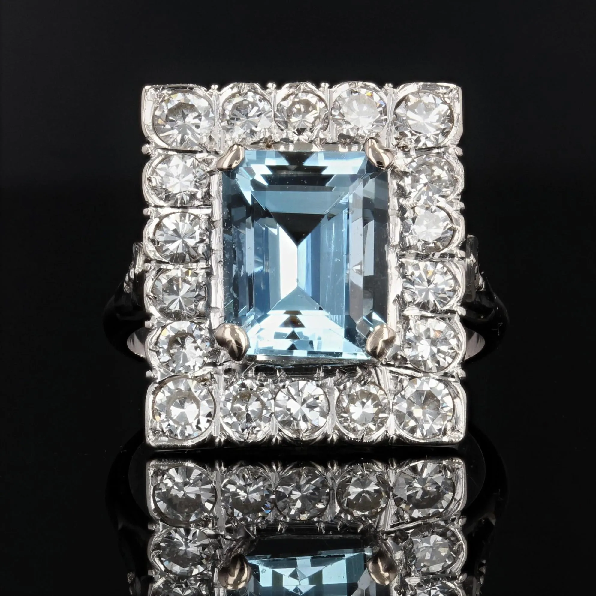 1960s 2.56 Carats Aquamarine Diamond 18 Karat White Gold Rectangular Shape Ring