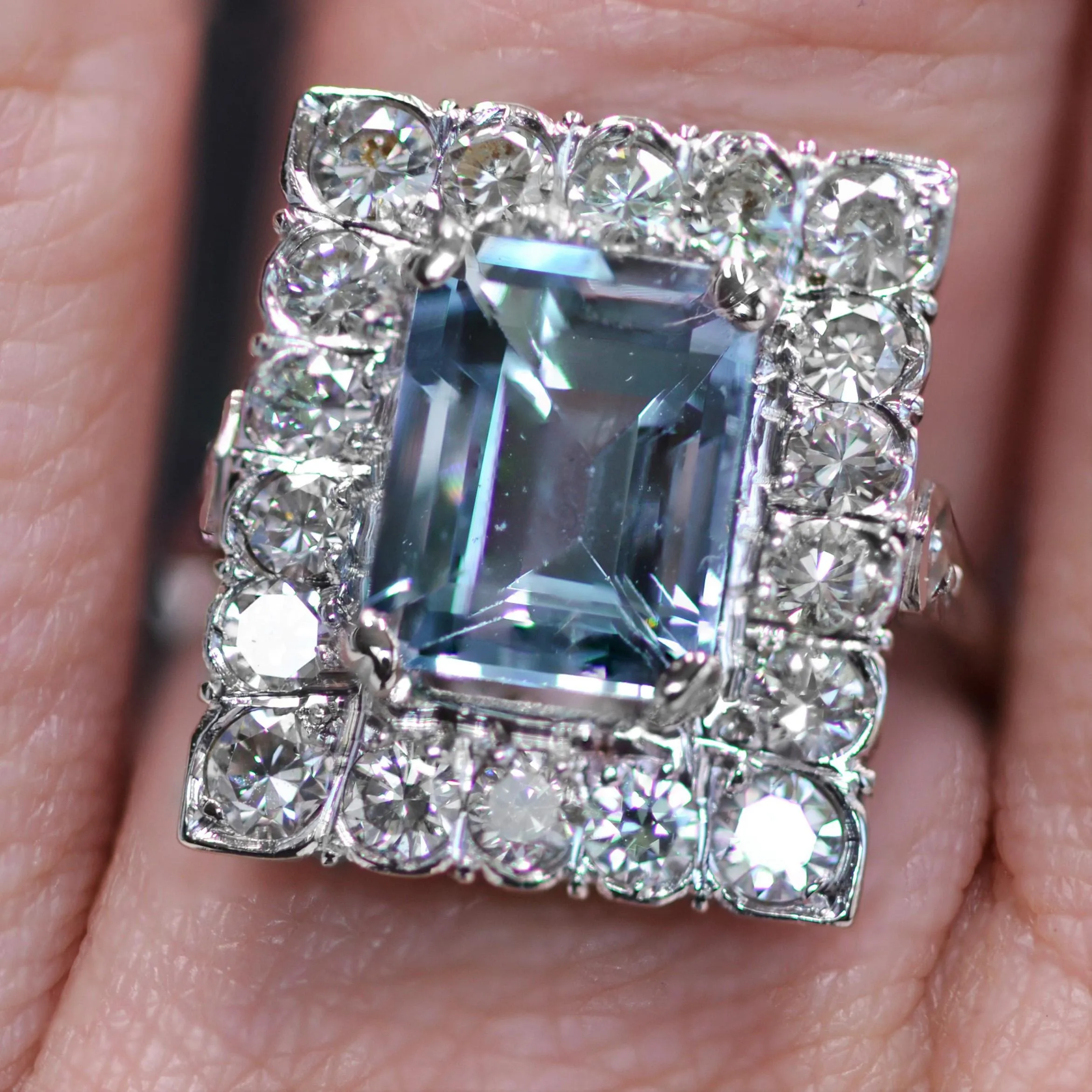 1960s 2.56 Carats Aquamarine Diamond 18 Karat White Gold Rectangular Shape Ring