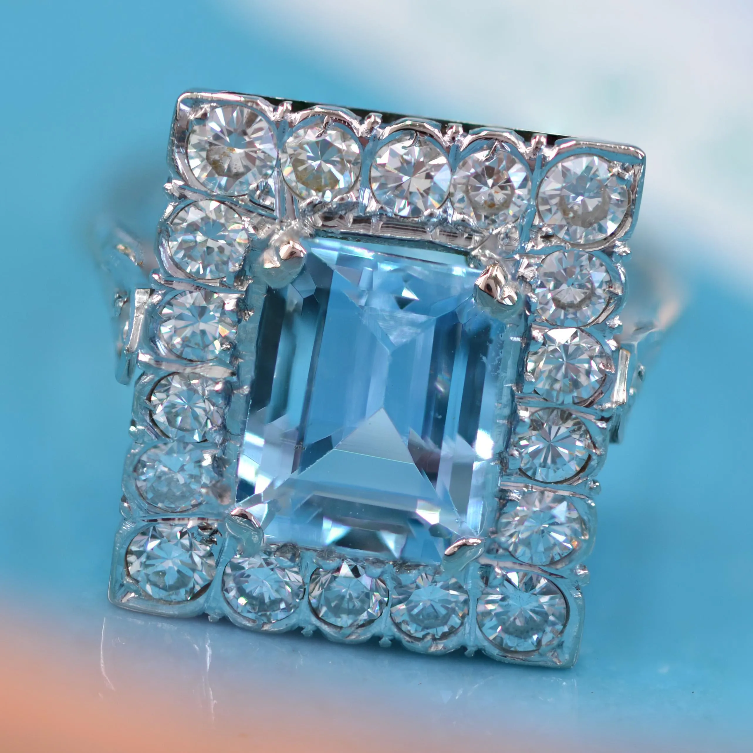 1960s 2.56 Carats Aquamarine Diamond 18 Karat White Gold Rectangular Shape Ring