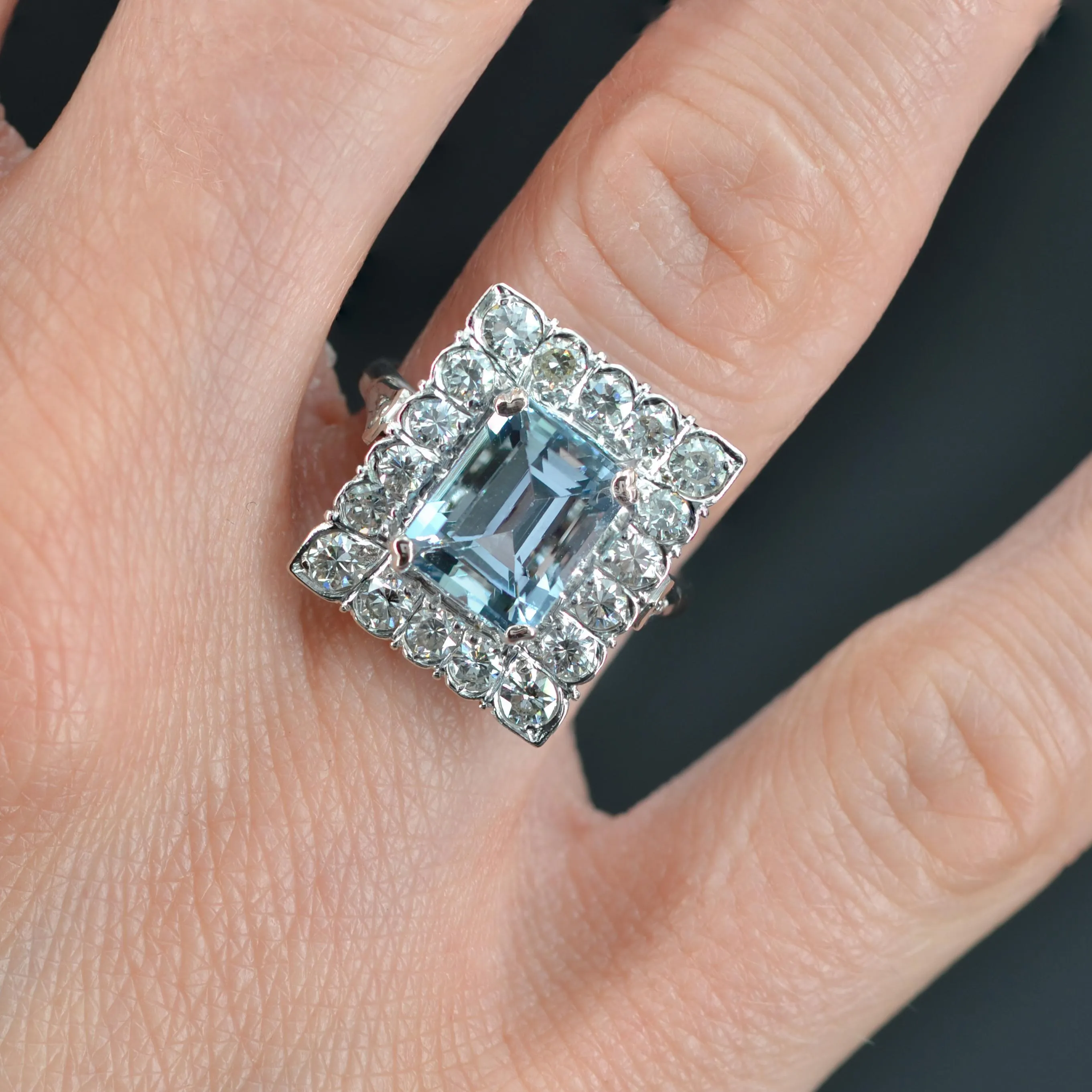 1960s 2.56 Carats Aquamarine Diamond 18 Karat White Gold Rectangular Shape Ring