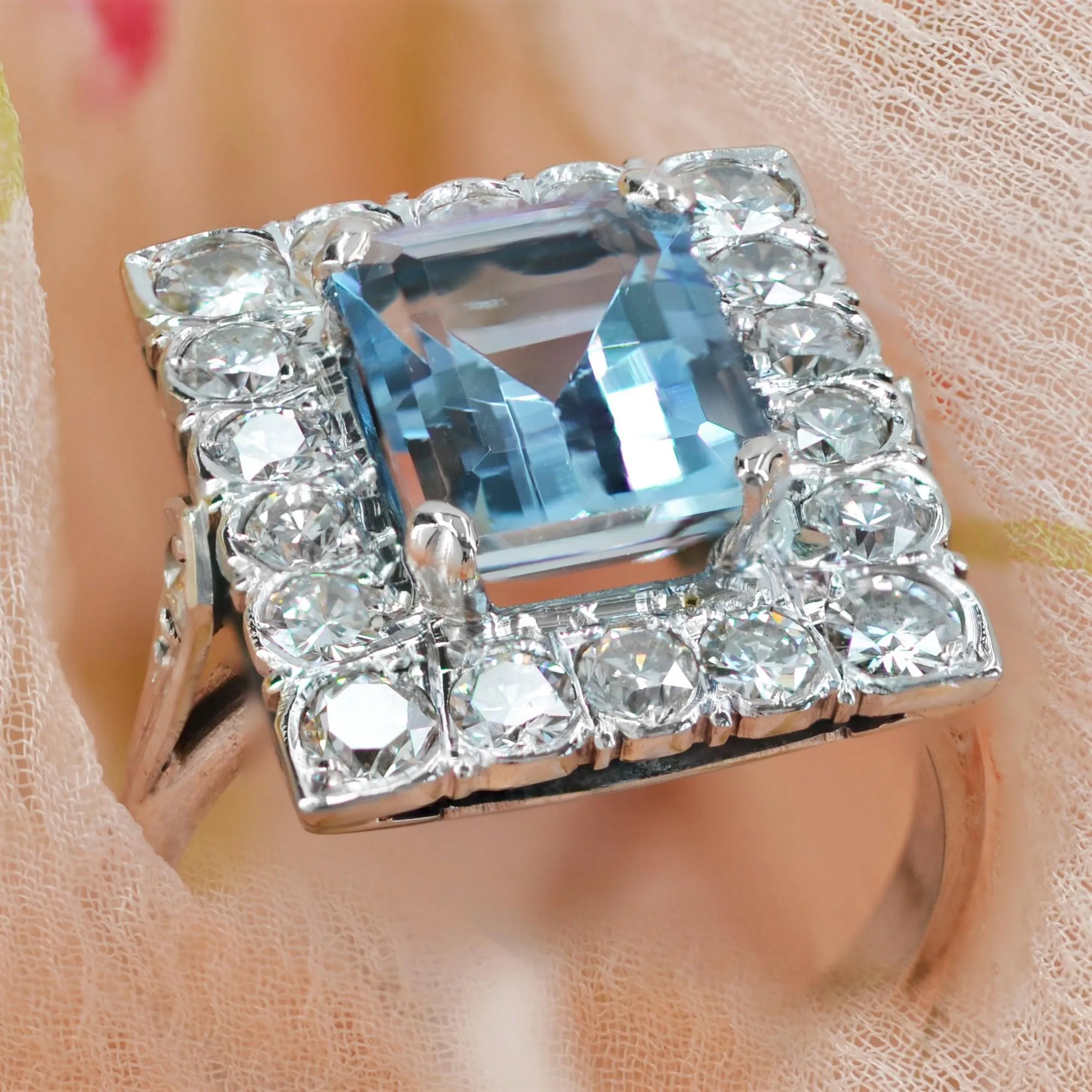 1960s 2.56 Carats Aquamarine Diamond 18 Karat White Gold Rectangular Shape Ring