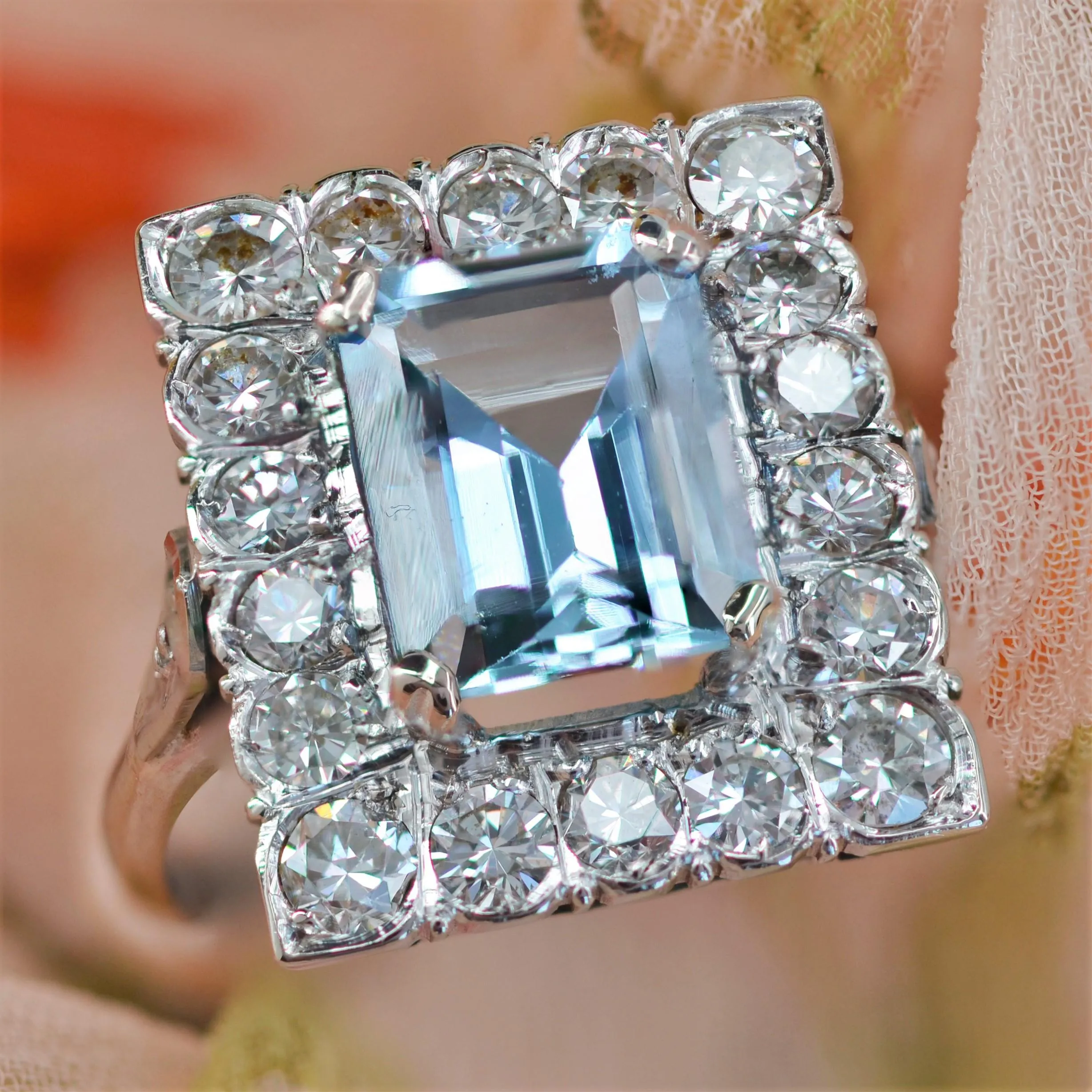 1960s 2.56 Carats Aquamarine Diamond 18 Karat White Gold Rectangular Shape Ring