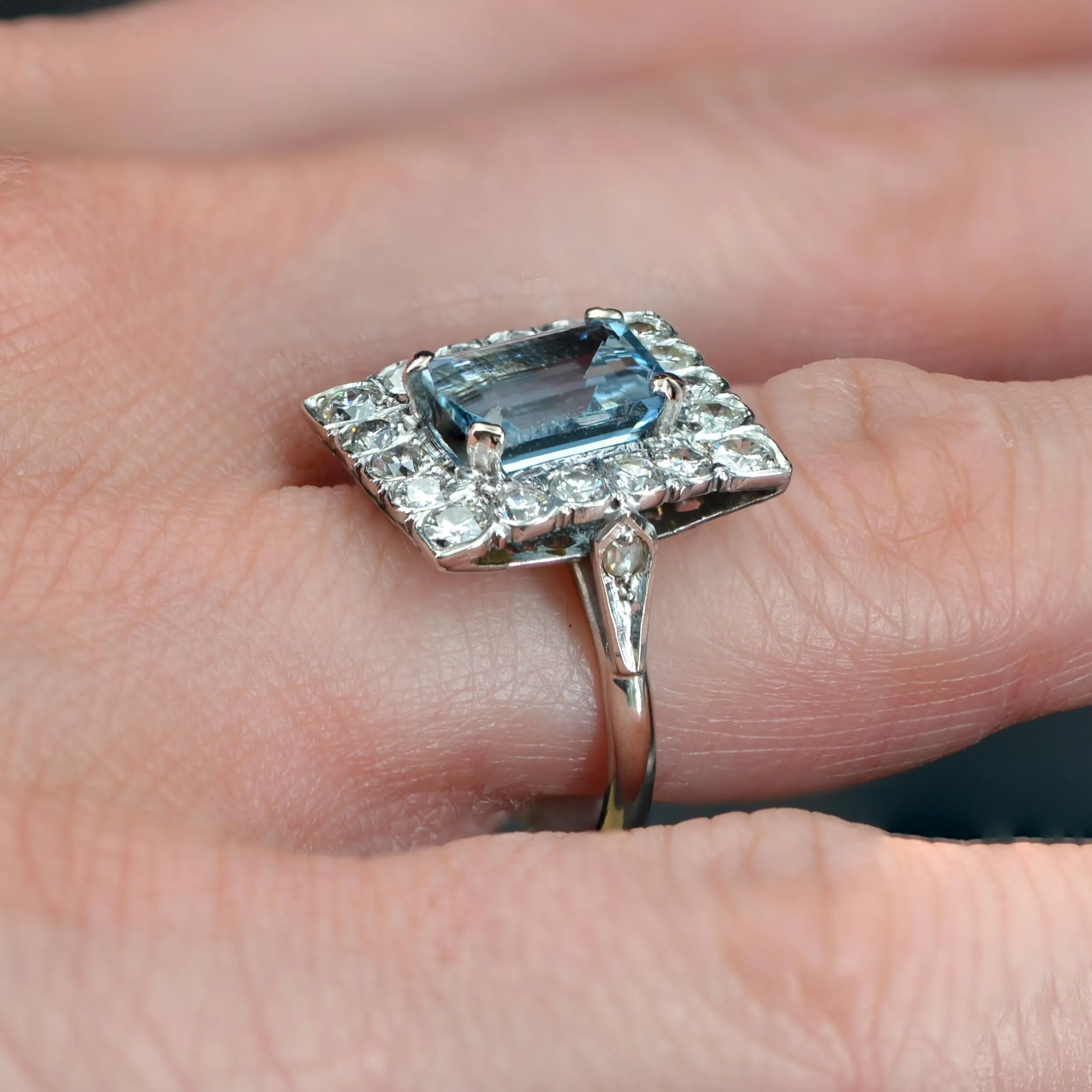 1960s 2.56 Carats Aquamarine Diamond 18 Karat White Gold Rectangular Shape Ring