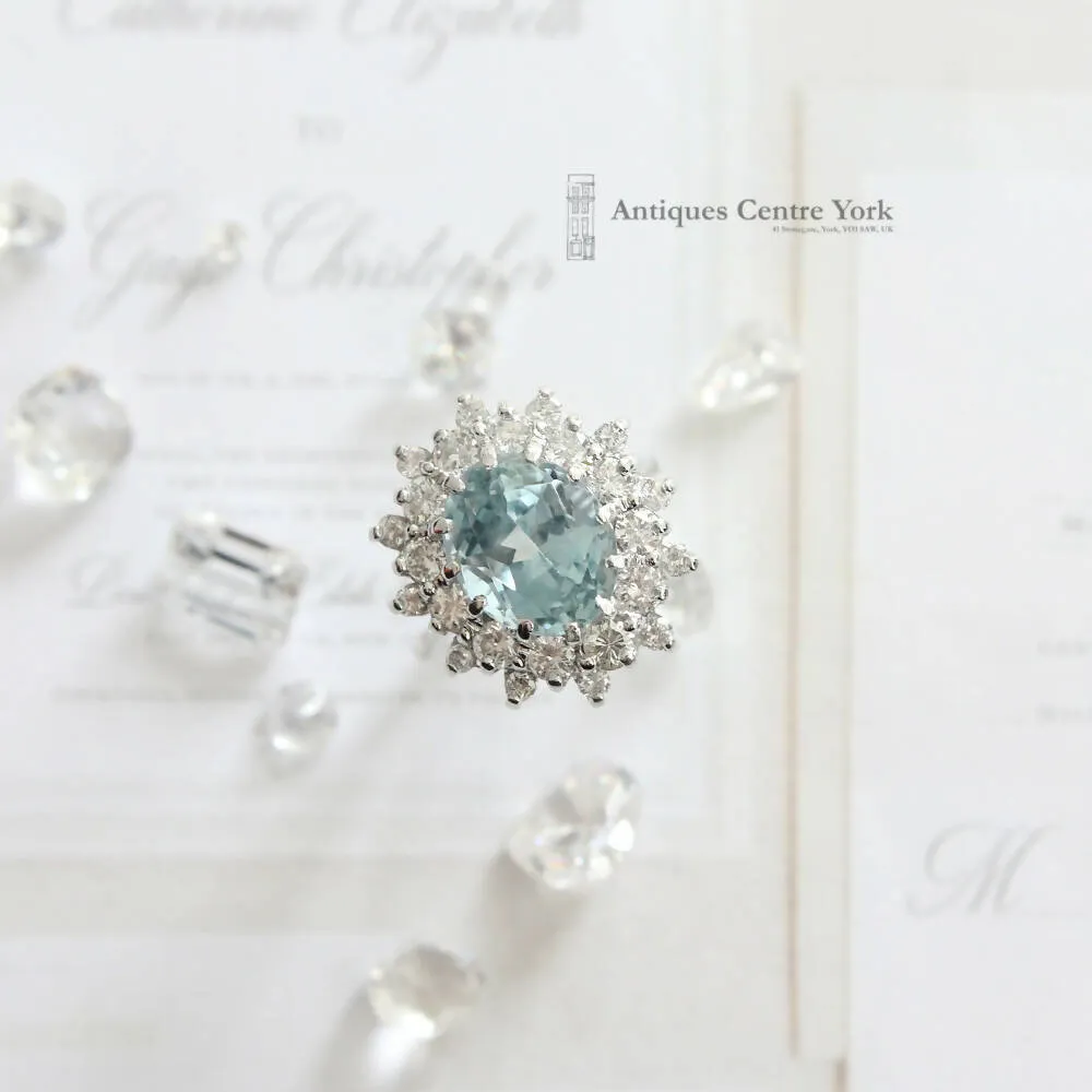 1970's 18ct White Gold Aquamarine & Diamond Cluster