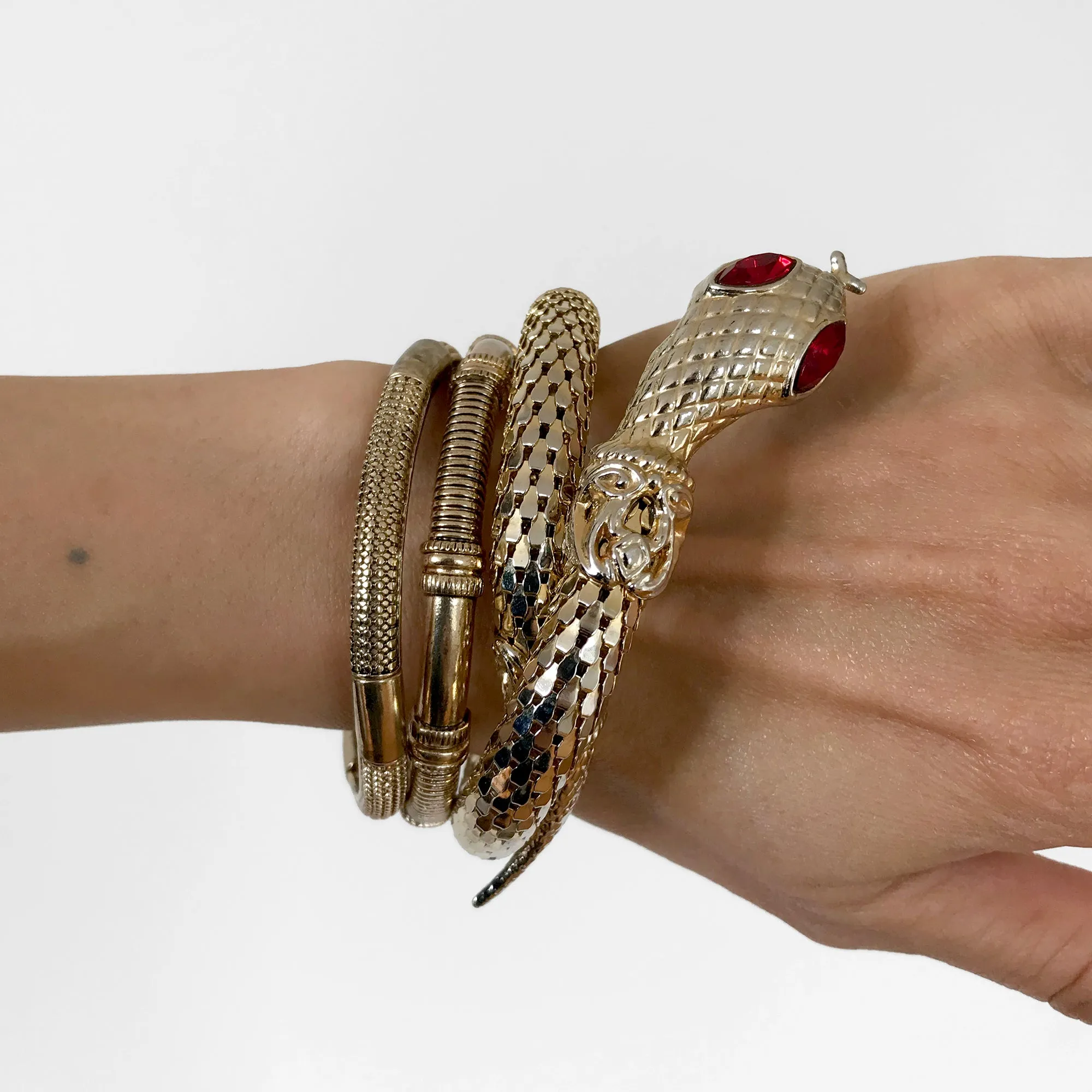 1980s Gold-Toned Garnet-Eyed Snake Bracelet Trio