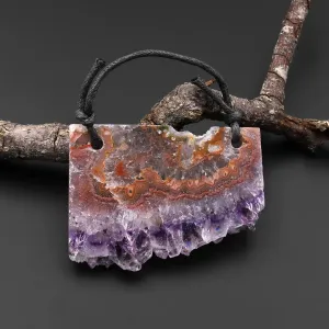 2 Hole Pendant Natural Purple Amethyst Stalactite Druzy Pendant Drilled Flat Slice Long Rectangle P0108